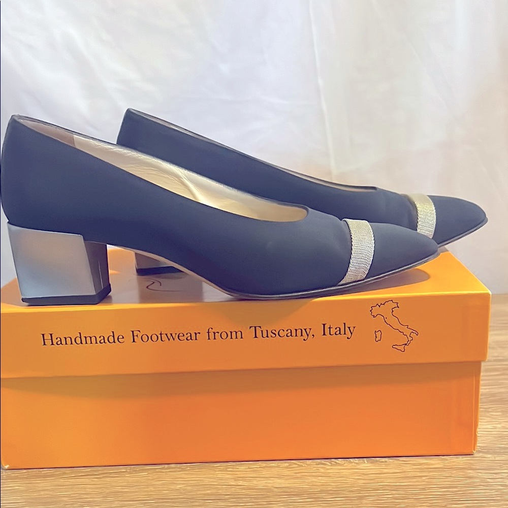 Elegant Navy/Gold Kitten Heels Women's Italian Leather/Silk pumps.